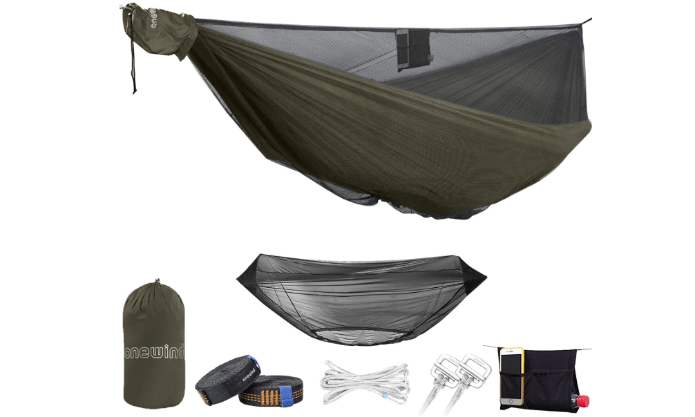 onewind 11ft Camping Double Hammock with Mosquito Net, Ridgeline and Straps | 70D Hexagon Ripstop Nylon, No-see-ums Bugnet, 68'' Single Wide Panel