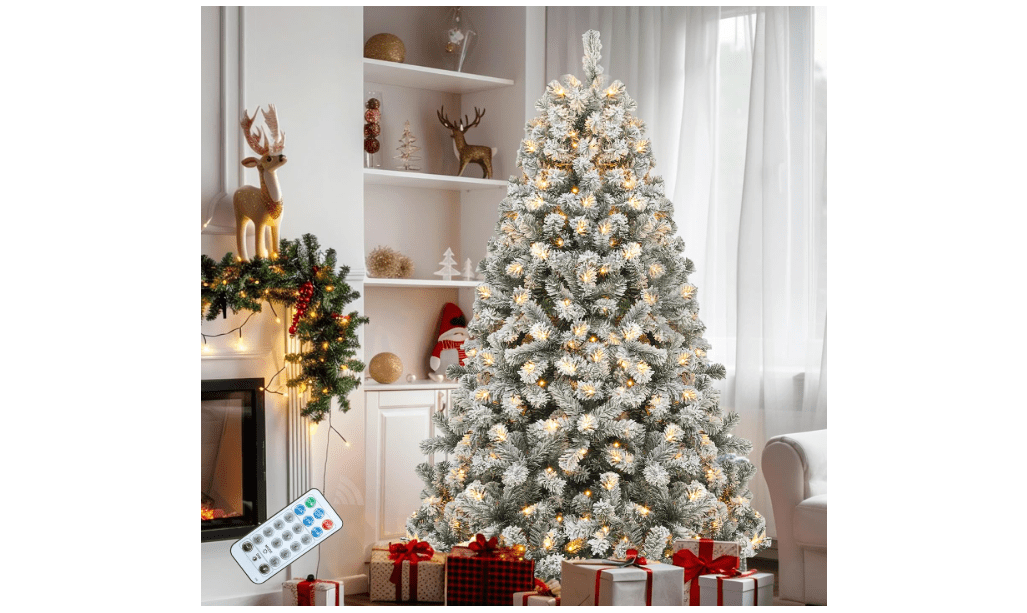 YITAHOME Prelit Snow Flocked Christmas Tree 7.5ft with Remote | Hinged Pine Christmas Tree w/ 550 Warm White/Multicolor Changing Lights