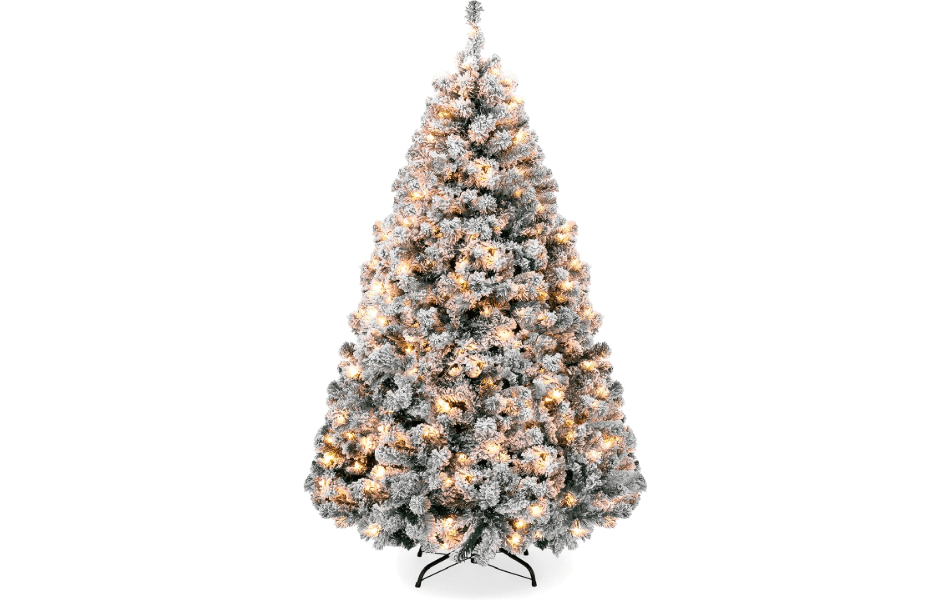 Best Choice Products 7.5ft Pre-Lit Artificial Christmas Tree Twinkling LEDs, Snow Flocked Design Pine Tree, Full Appearance Lighted Snowy w/Easy Assembly