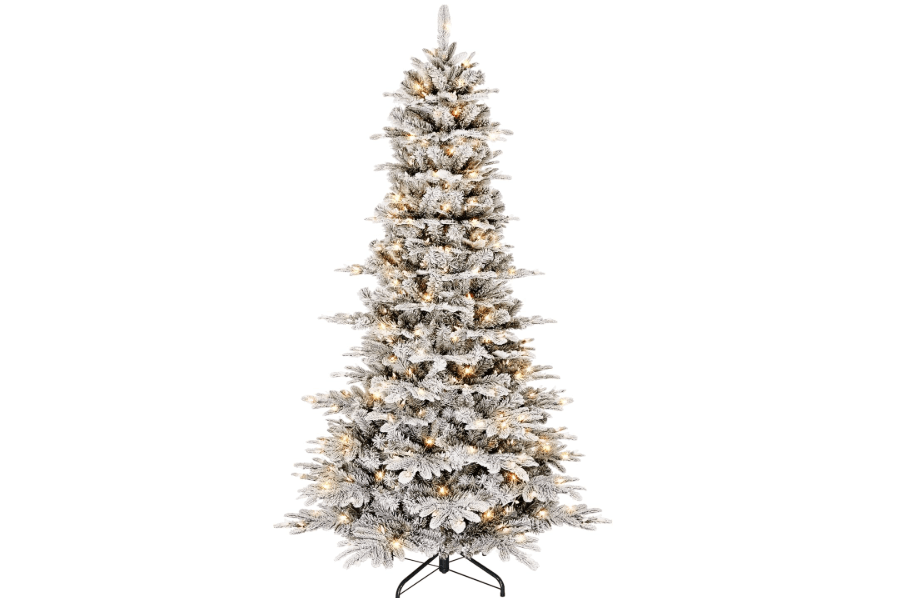 Puleo International 7.5ft Pre-Lit Slim Flocked Aspen Fir Christmas Tree with 450 Clear Lights, 1016 Realistic Dense Snow Flocked Branch Tips, Easy Setup