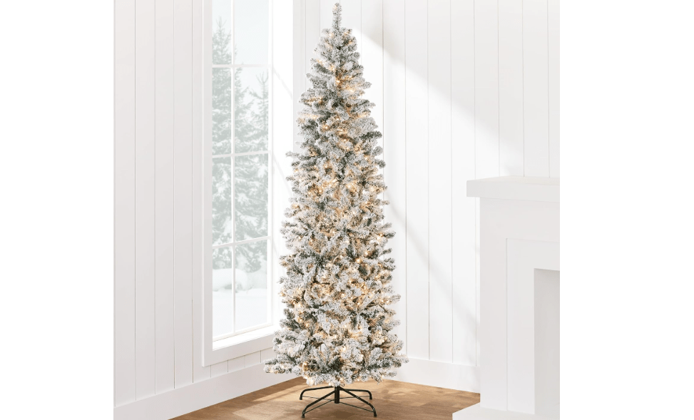 Best Choice Products 7.5ft Flocked Pencil Christmas Tree w/Twinkling LEDs, Pre-Lit Slim Artificial Holiday Decoration, Lighted Skinny w/Base, 350 Lights