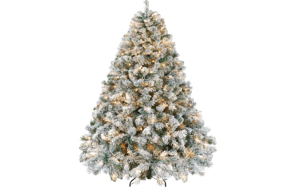 Yaheetech 7.5ft Pre-Lit Snow Flocked Artificial Christmas Tree, 550 Lights | White Lighted Full Xmas Tree for Holiday Decoration with 550 Warm White Lights