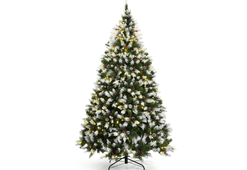 Goplus 7.5ft Pre-lit Artificial Christmas Tree, Hinged Snow Flocked Xmas Tree w/Pine Cones, Red Berries & 550 LED Lights, 8 Lighting Modes, Indoor