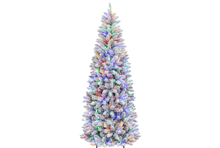 Hykolity 7.5 ft Prelit Snow Flocked Pencil Slim Christmas Tree (Sold Exclusively by Weize, Others are Scammers) with 300 Color Changing LED Lights, 792