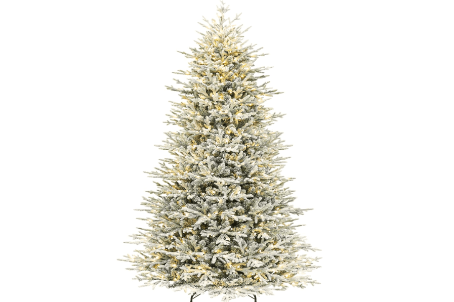 Hykolity 9 ft Prelit Flocked Christmas Tree with Realistic PE Foliage | 5,179 Mixed PE and PVC Tips, 600 Warm White Led Lights, Hinged Design and Sturdy