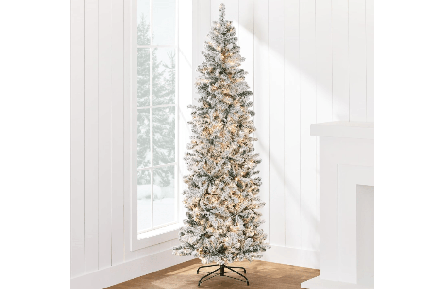 
Best Choice Products 6ft Flocked Pencil Christmas Tree w/Twinkling LEDs, Pre-Lit Slim Artificial Holiday Decoration, Lighted Skinny w/Base, 250 Lights
