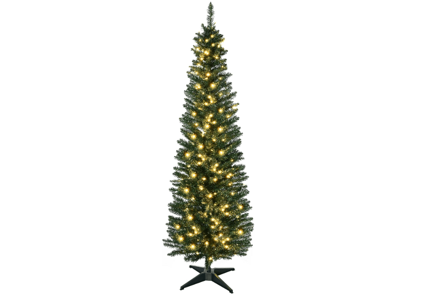 
HOMCOM Noble Fir Artificial Pencil Christmas Tree Prelit 6' Green | Slim, 200 Warm White LED Lights, 390 Tips, Christmas Decoration
