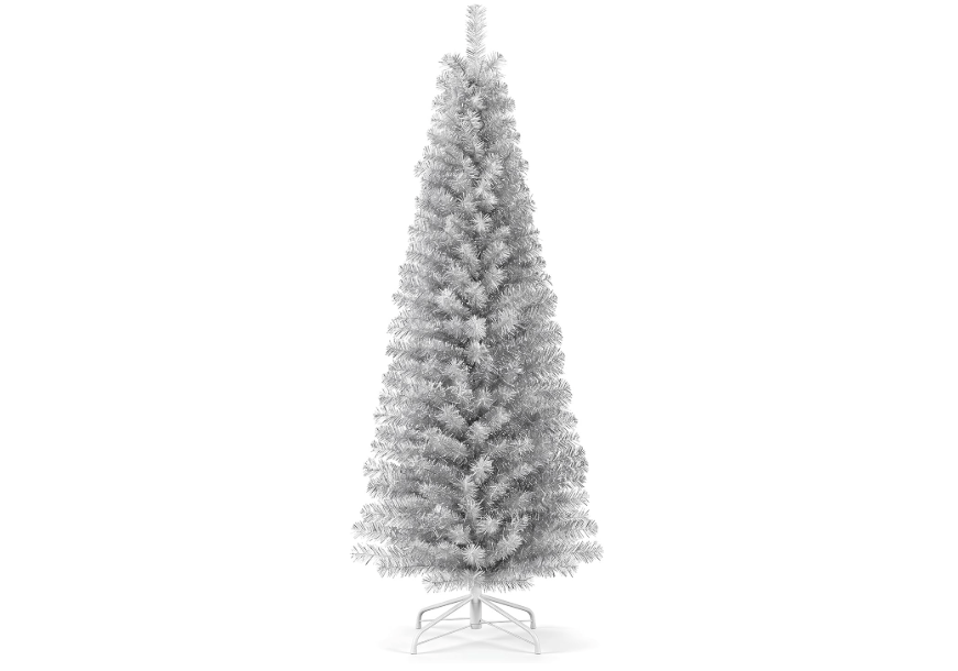 
Goplus 6ft Sliver Pencil Christmas Tree with Electroplated Technology | Unlit Artificial Skinny Xmas Tree with 520 Branch Tips & Folding