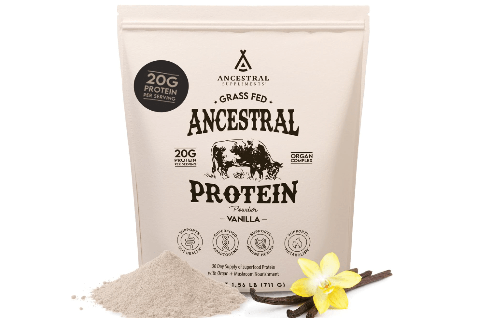 
Ancestral Supplements Bone Broth Protein Powder, Vanilla, 30 Servings | Beef bone broth protein powder with organic mushrooms & beef organs delivers