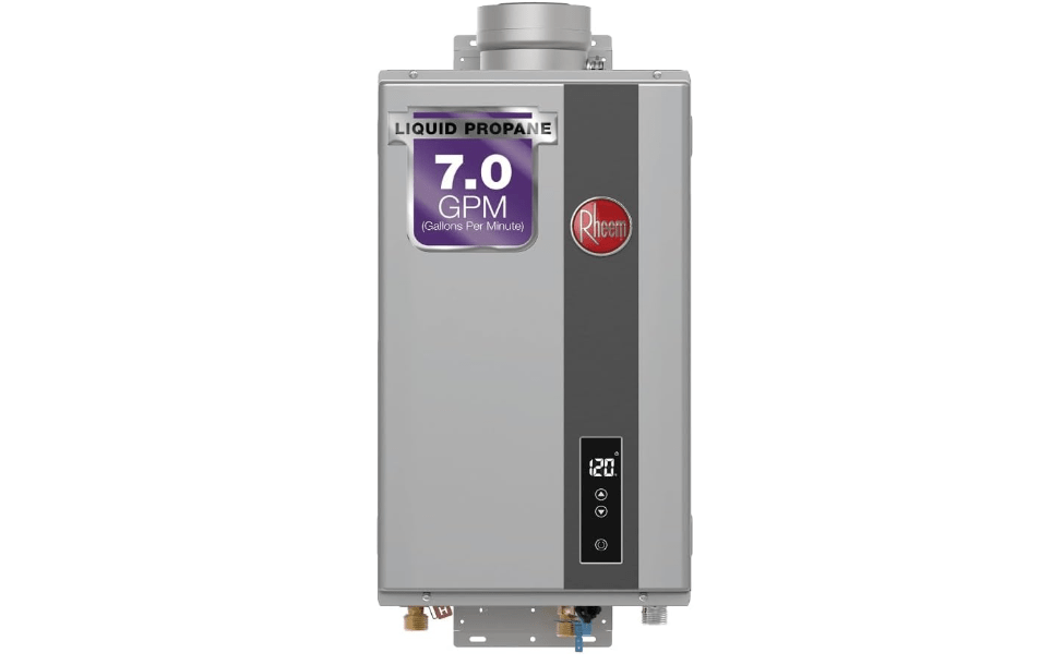 
Rheem RTG Series 7.0 GPM Liquid Propane Tankless Water Heater Indoor | 160,000 BTUs High Efficiency On Demand, Continuous Hot Water | Non-Condensing