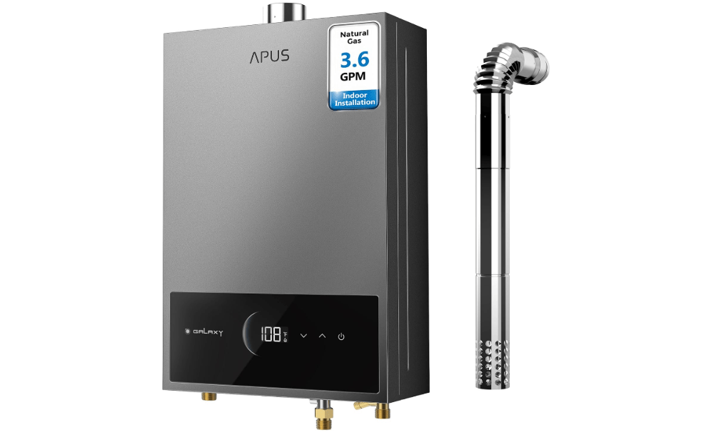 
APUS Natural Gas Tankless Water Heater, 80,000 BTU, 3.6 GPM Indoor | Endless Hot Water for 2–3 Points, 95–149°F Control, Anti-freeze, LED, Compact