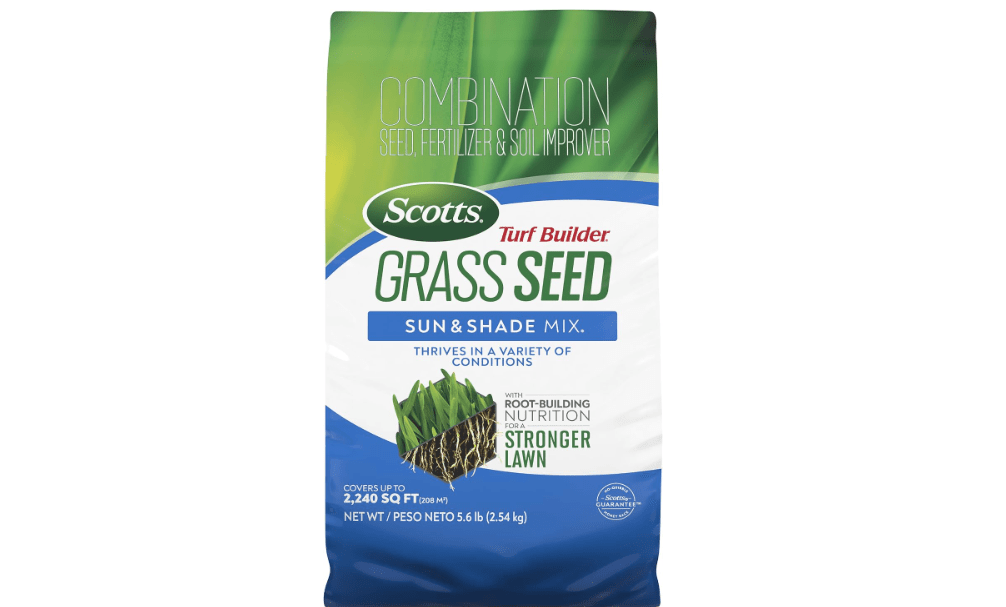 Scotts Turf Builder Grass Seed Sun & Shade Mix, 5.6 lbs. | Grass Seed Plus Lawn Fertilizer and Soil Improver, Thrives in Many Conditions, Covers