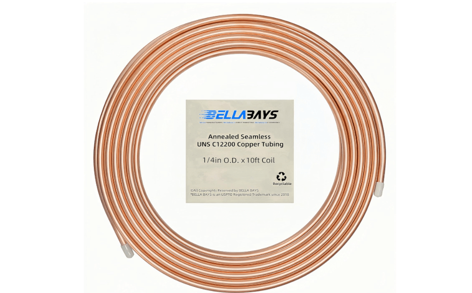 BELLA BAYS Copper Tubing 1/4" OD x 0.195" ID x 10 ft, 99.9% C12200 ASTM B280 Refrigeration ACR Tubing Seamless Soft Coil Round T2 Pure Copper Tube