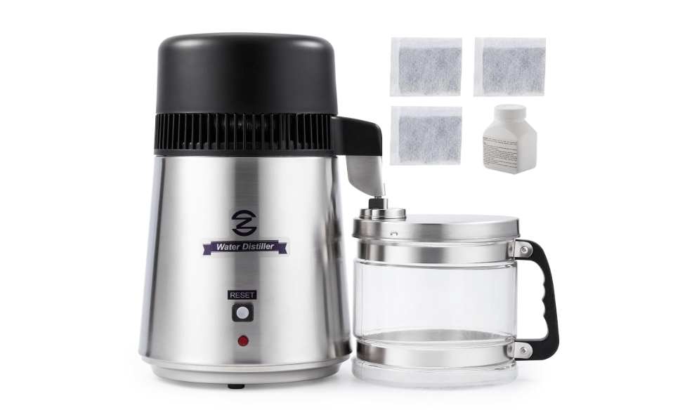 CO-Z 4L Brushed Stainless Steel 750W Countertop Water Distiller, Glass Pot | 750W, 0.3 gal per hour, 304 stainless steel, auto shut-off at 302F, glass pot