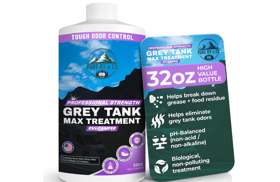  Pure RV Grey Water Tank Treatment 32oz - RV Grey Tank Cleaner & Odor Eliminator | Enzyme Formula Breaks Down Grease, Soap & Food Waste