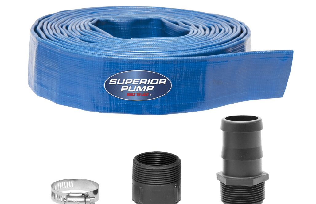 Superior Pump 91250 1/4 HP Thermoplastic Submersible Utility Pump with 10-Foot Cord & 99621 Lay-Flat Discharge Hose Kit, 1-1/2-Inch by 25-foot
