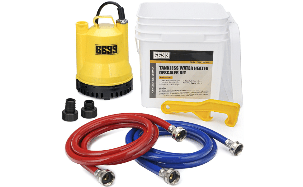 6699 Tankless Water Heater Flushing Kit, 1/6 HP Pump, 2 Hoses, 3 Gal Pail | Complete tankless water heater flushing kit with 1/6 HP pump, two 6 ft hoses