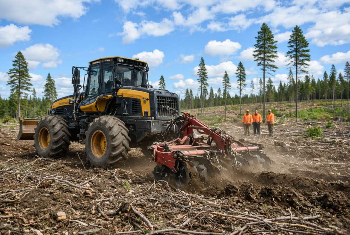 Mechanical soil scarification in progress on a woodlot after a seed tree harvest to expose mineral soil for natural regeneration.