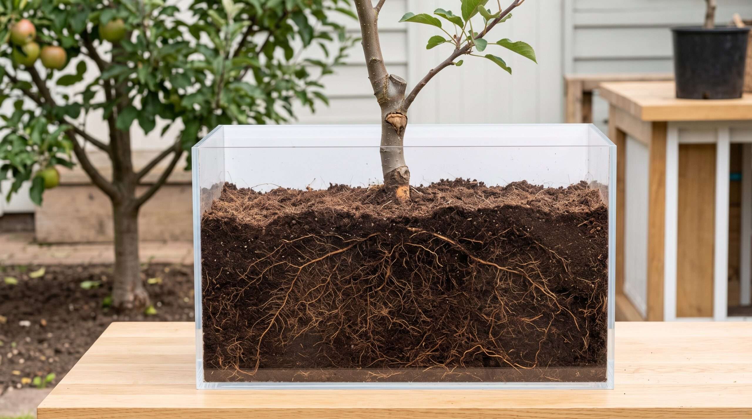 A clear container showing the detailed, compact fibrous root system of a dwarf apple tree perfectly adapted for small space planting.