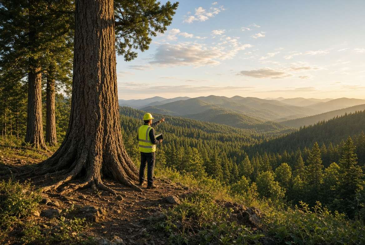 A professional forester evaluates massive, deep-rooted seed trees on a mid-slope bench for windfirmness, showcasing sustainable forest planning.