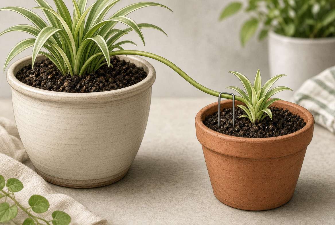 A spider plant pup still attached to the mother plant being pinned into a small, separate pot for soil layering propagation.