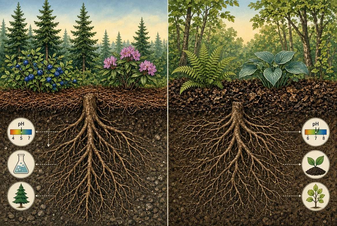 A diagram illustrating soil ecology differences between a coniferous forest (acidic soil, needle litter) and a deciduous forest (neutral soil, leaf mold).