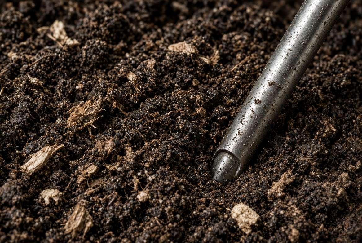 Close-up view of rich, dark, well-draining loamy garden soil with visible compost for planting elderberries.