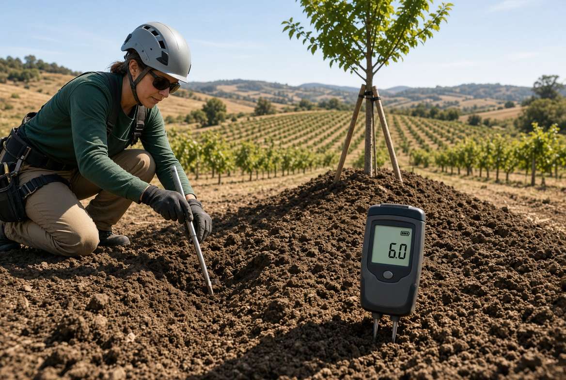 Expert arborist testing acidic soil drainage in preparation for planting chestnut trees.