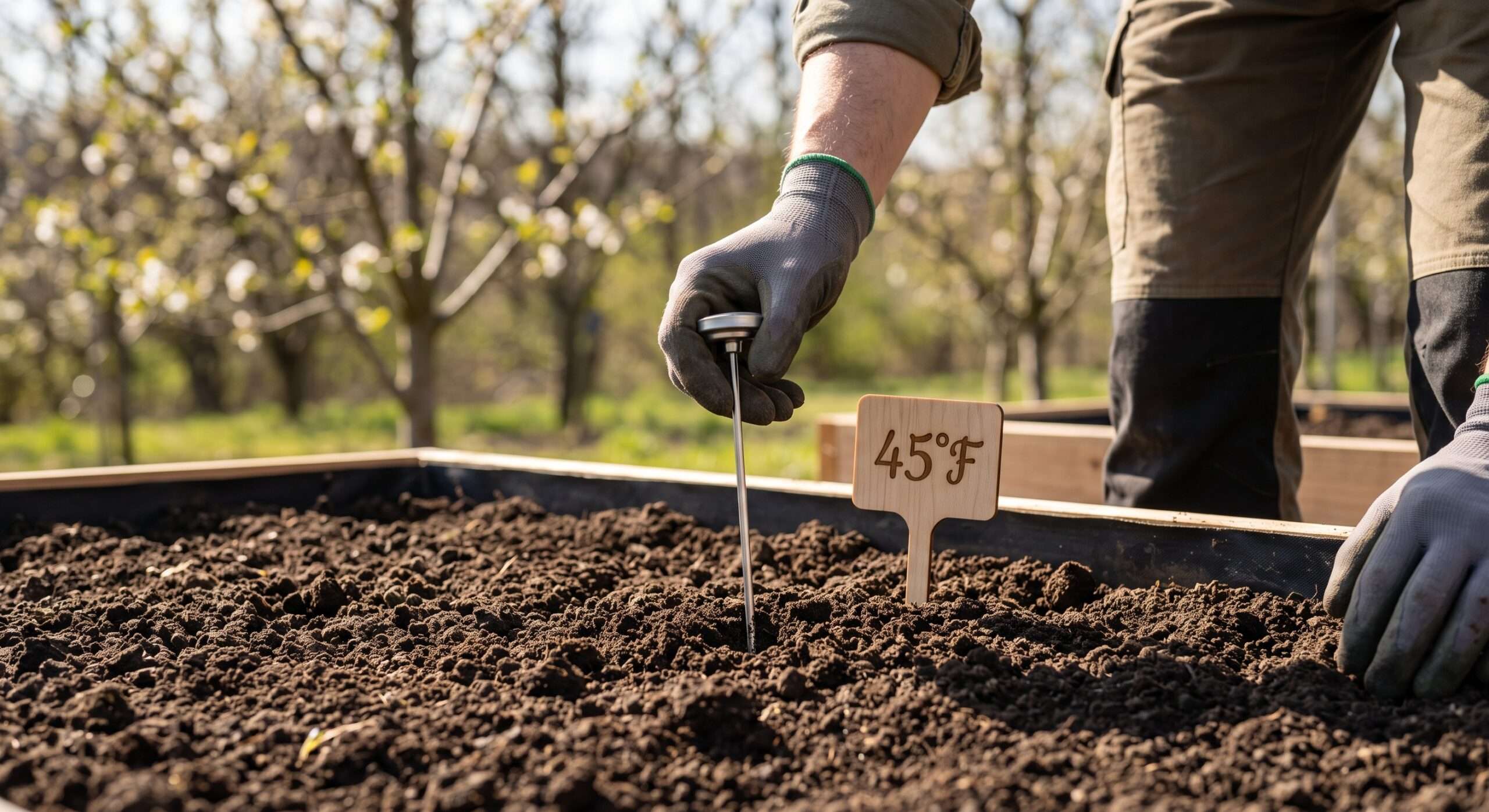 A gardener using a soil thermometer to check that the garden soil is at least 45°F before planting seed potatoes in Michigan.