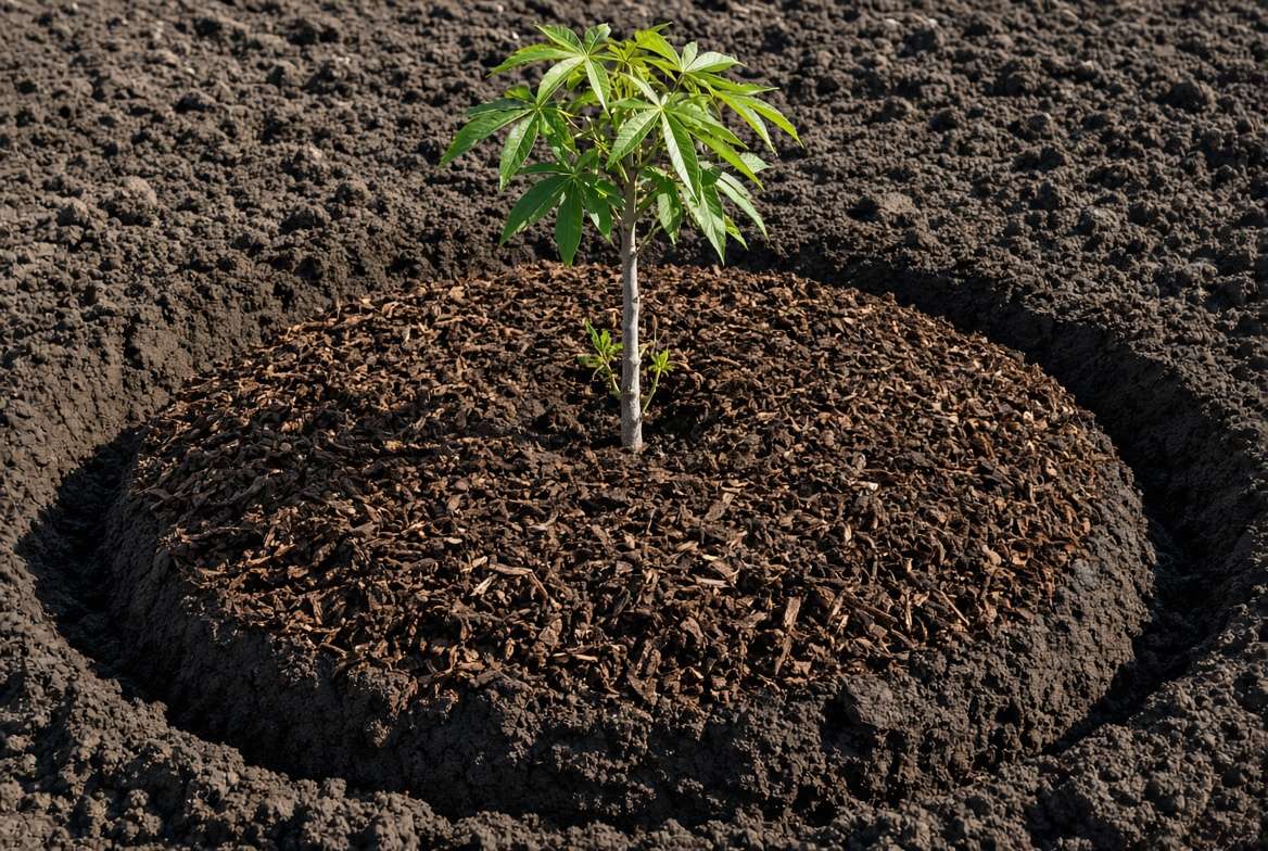 Young Vitex tree properly planted on a high, mulched mound above heavy Texas black gumbo clay soil to ensure critical drainage.