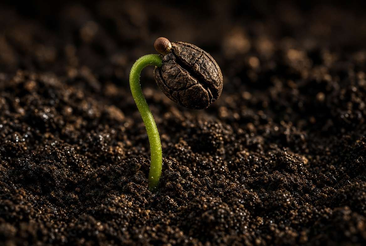 Macro view of a "matchstick" stage coffee sprout, with the original seed hull still attached to the green stem emerging from the soil.