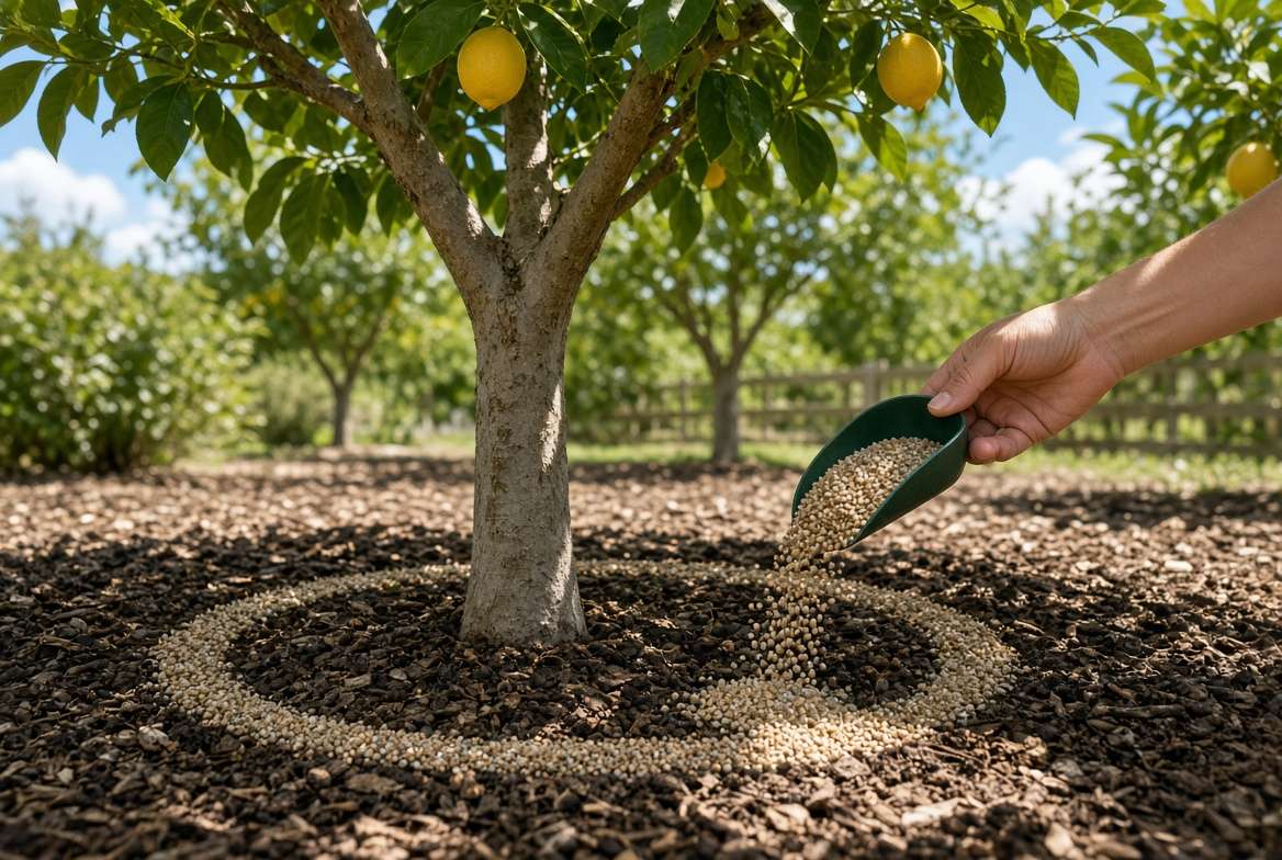 A demonstration showing granular citrus fertilizer being applied correctly along the tree canopy's drip line rather than against the trunk.