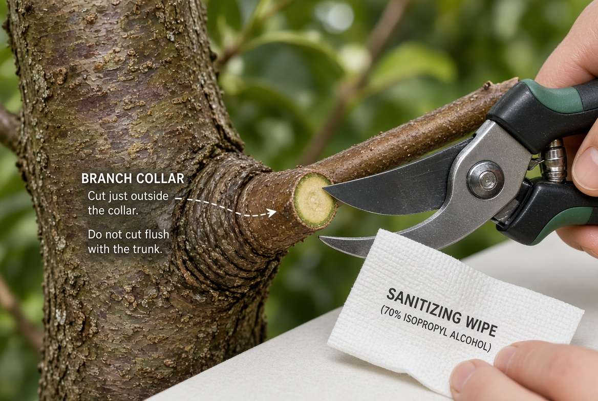 Close-up arborist diagram showing the proper technique for making a collar-cut on a cherry plum tree branch with sanitized bypass pruners.