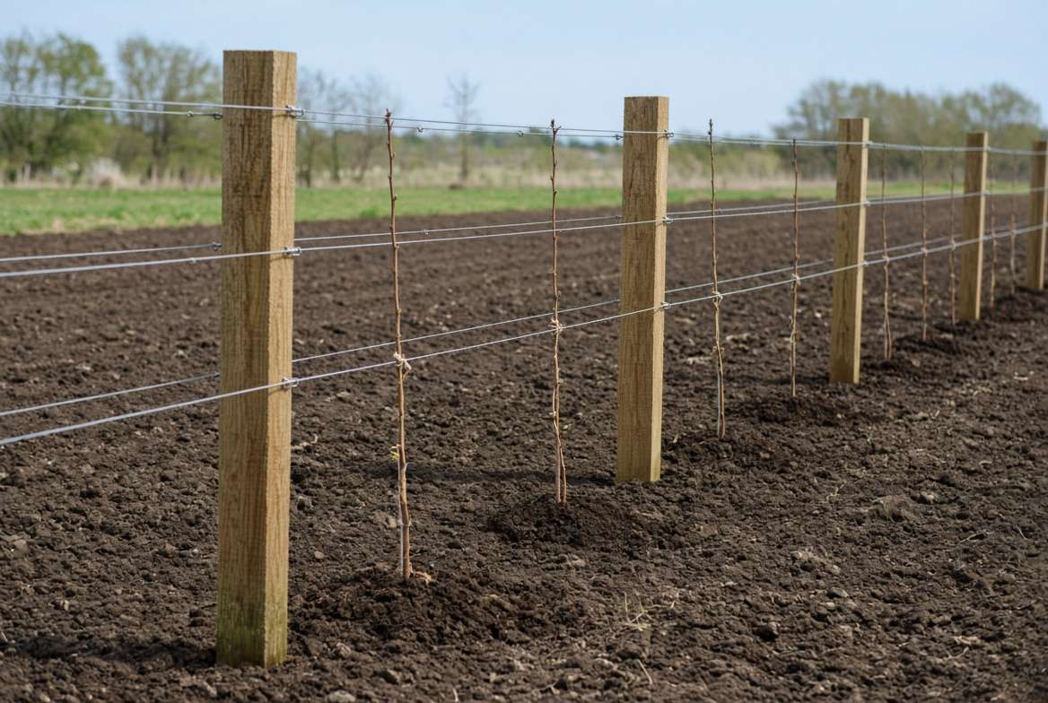 Newly built multi-wire trellis system with young bare-root apple tree whips planted for a high-density fruit hedge.