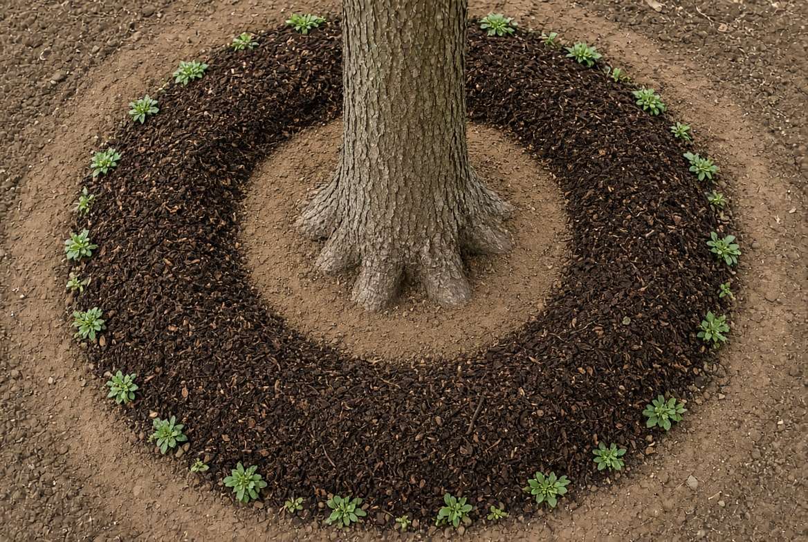 Top-down view showing a correct mulch ring with a critical open space around the tree trunk flare.
