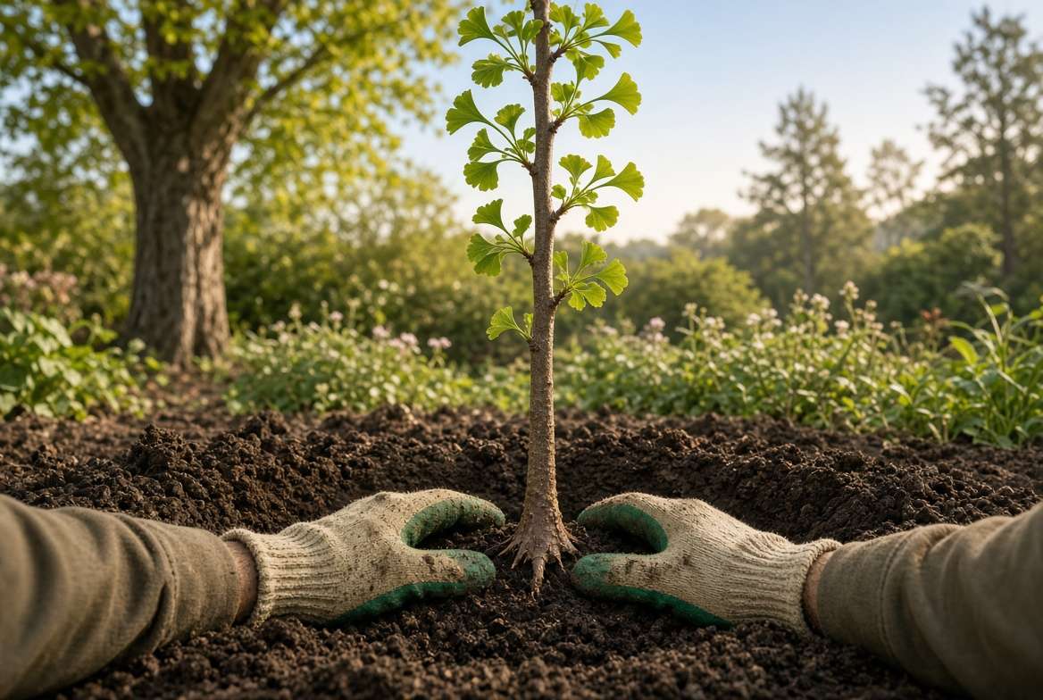 Detailed close-up showing correct ginkgo tree planting with visible root flare above soil line.