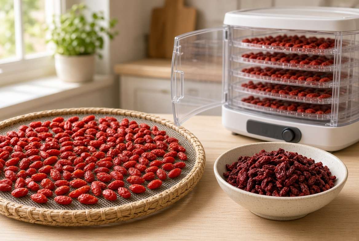 A visual overview of wolfberry preservation methods, showing air-drying on a mesh tray and mechanical dehydrator trays loaded with fresh Goji berries next to a bowl of finished, dried fruit.
