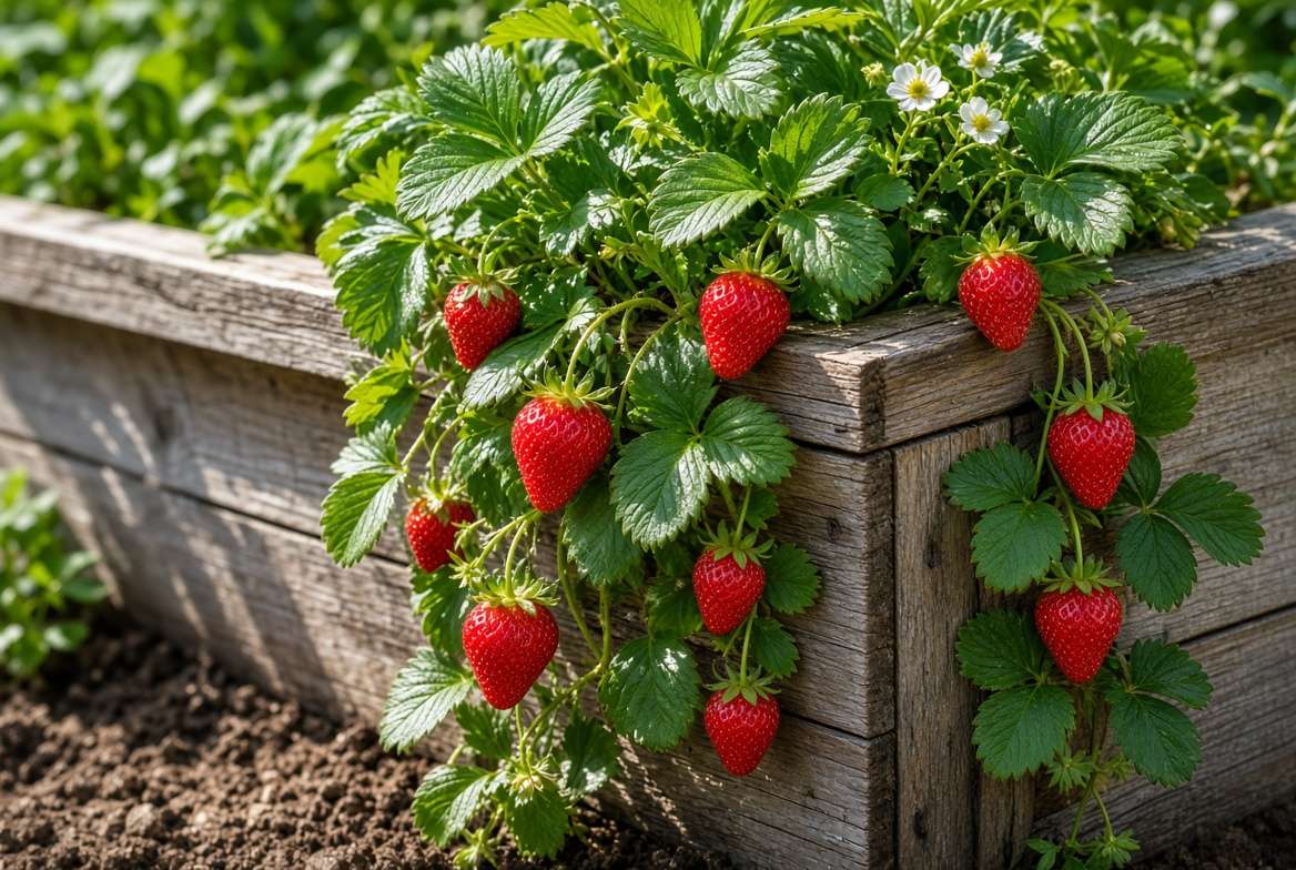 Ripe red strawberries hanging over the edge of a wooden raised garden bed to prevent rot.