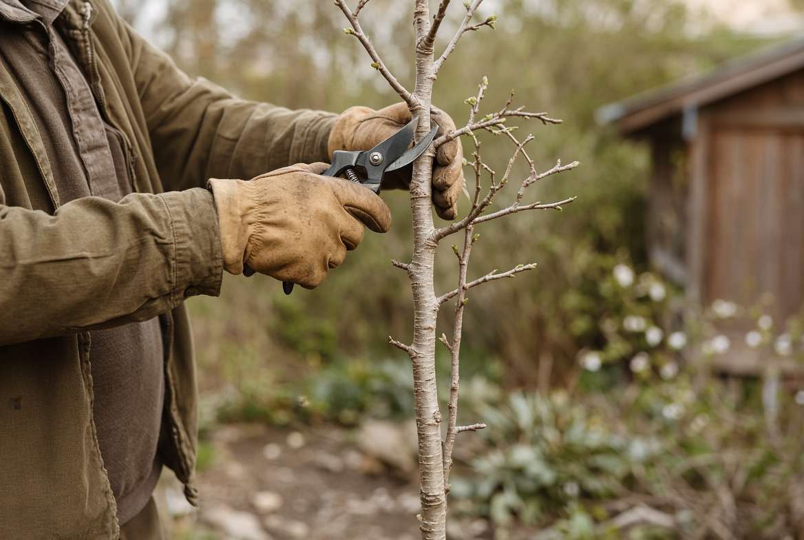 Gloved hand using bypass shears to perform structural pruning on a young ginkgo tree sapling.