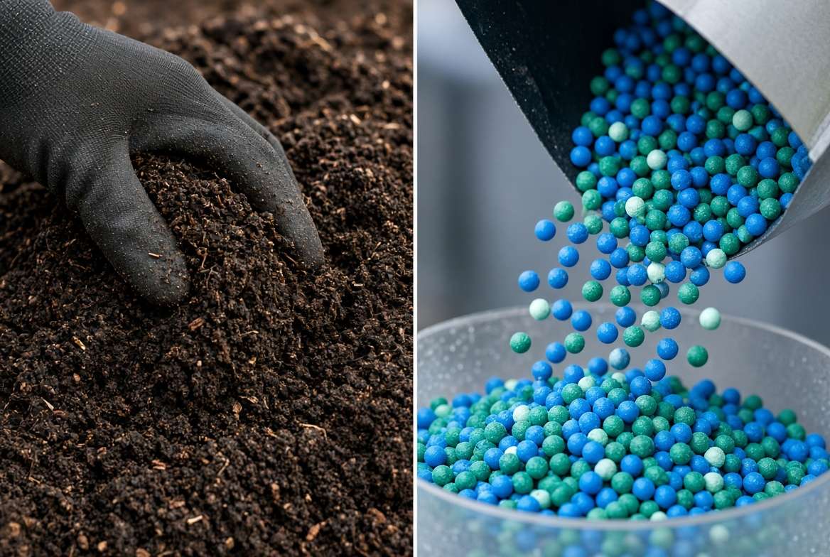 Close-up comparison split image of rich dark compost next to uniform synthetic blue fertilizer pellets.
