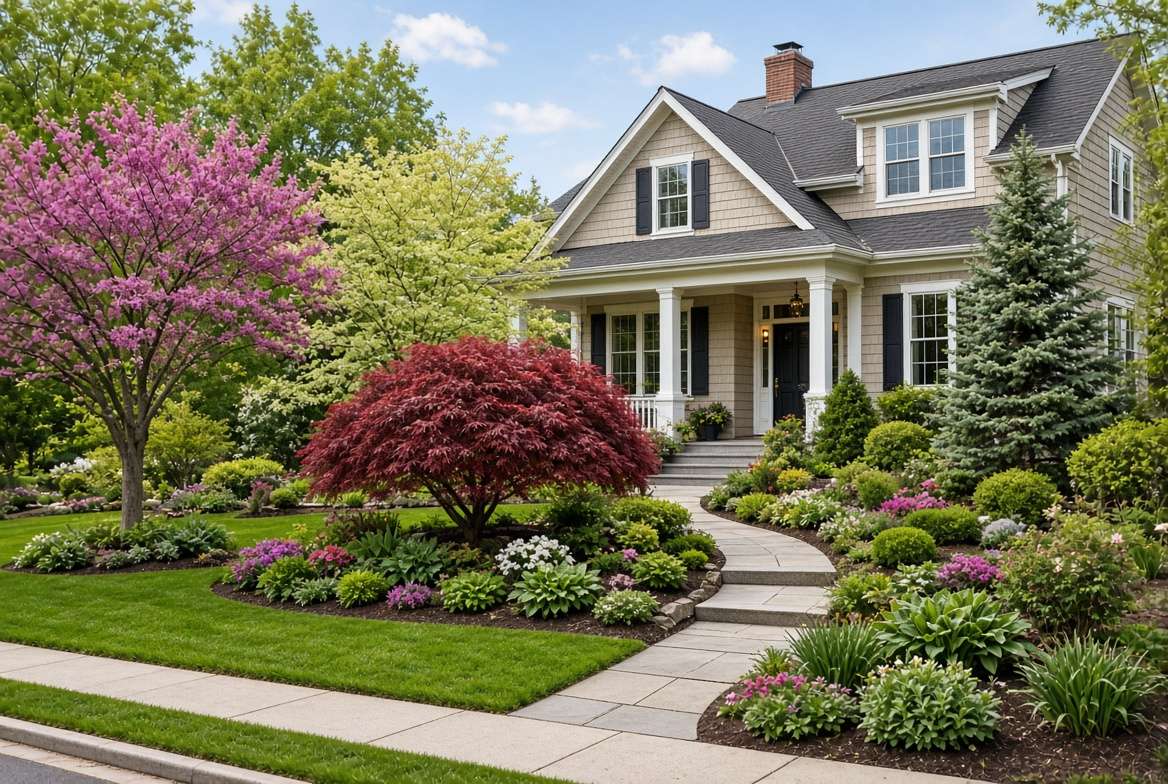 Wide-angle photo of a gorgeously landscaped front yard of a traditional home featuring Japanese Maple and Eastern Redbud trees for beautiful, safe curb appeal.