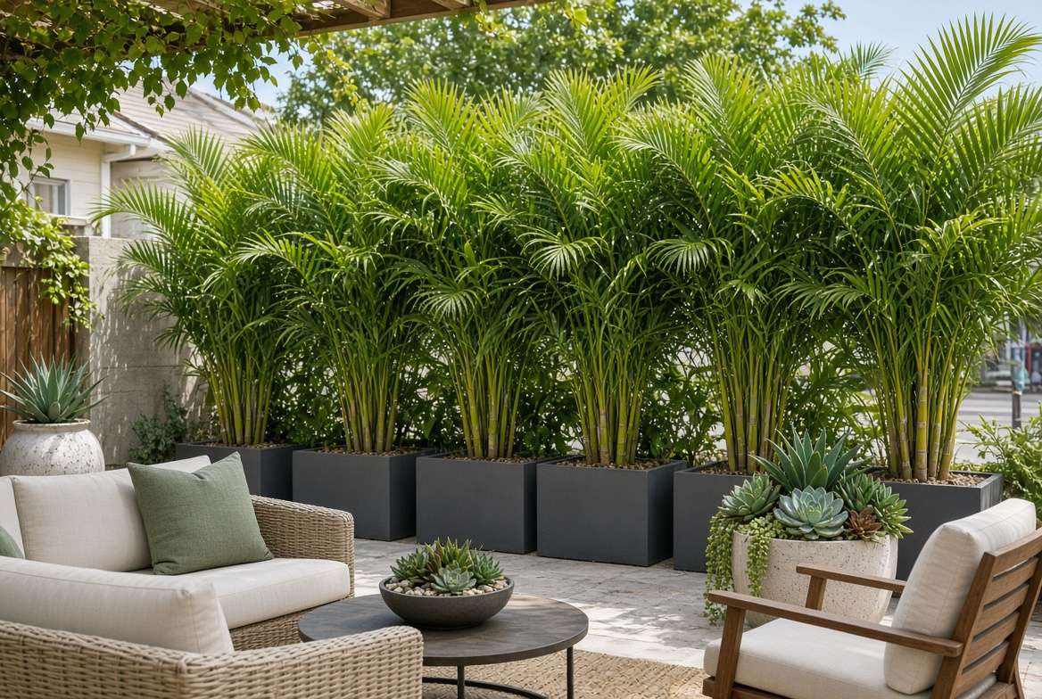 A row of Areca outdoor artificial palm trees used as a natural-looking tropical privacy screen on a patio
