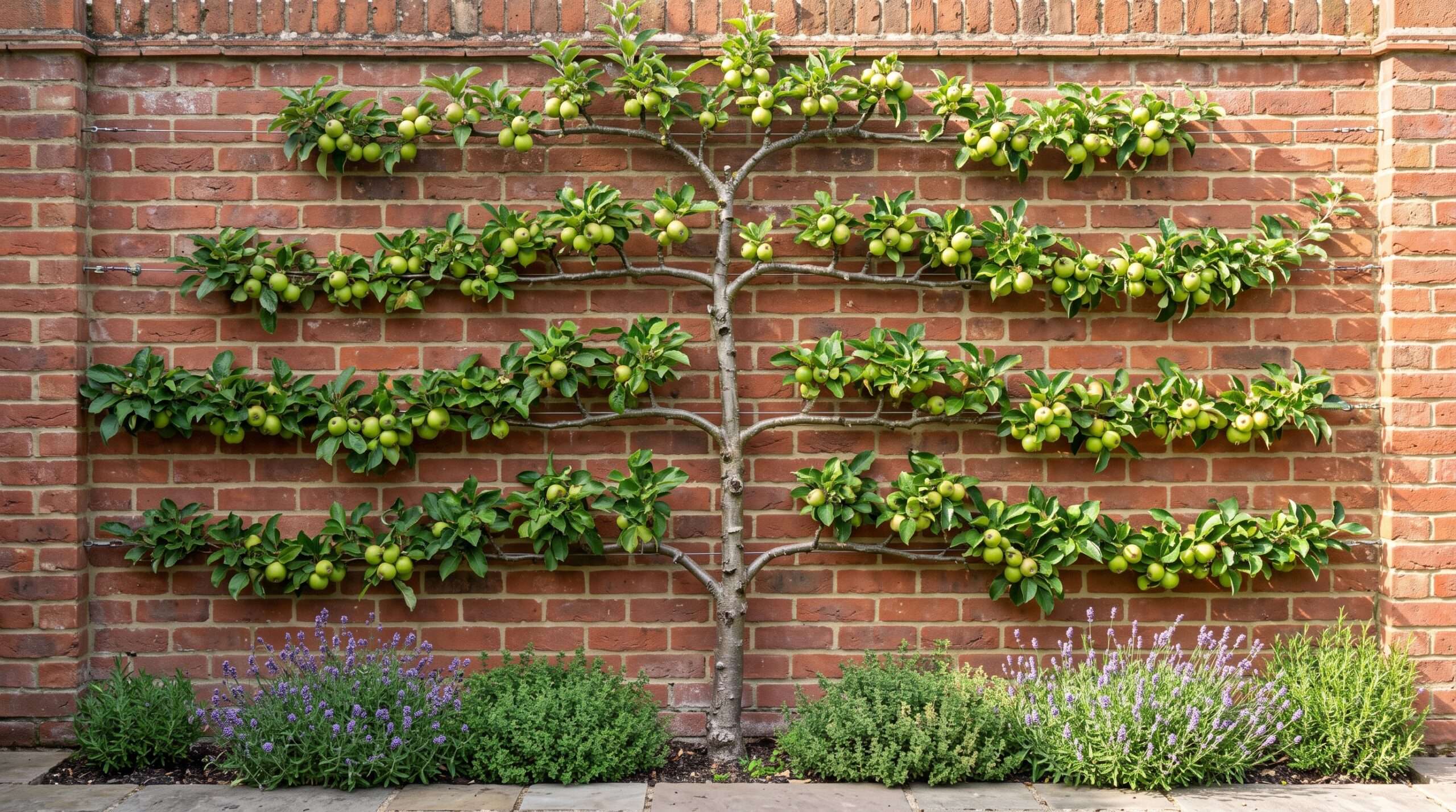 A dwarf self-pollinating apple tree formally trained in a horizontal espalier pattern against a weathered red brick garden wall to save space.