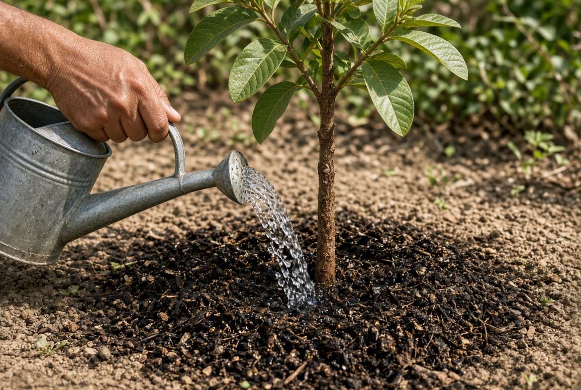 A hand uses a watering can to apply water to the mulched root zone of a healthy young guava tree, demonstrating proper watering technique.