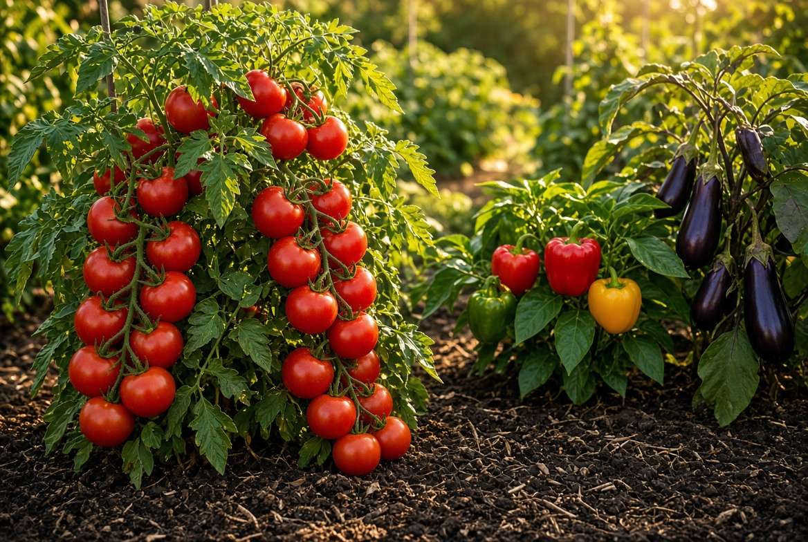 Abundant harvest of ripe tomatoes and bell peppers on thriving supported plants demonstrating successful fruiting nutrients.
