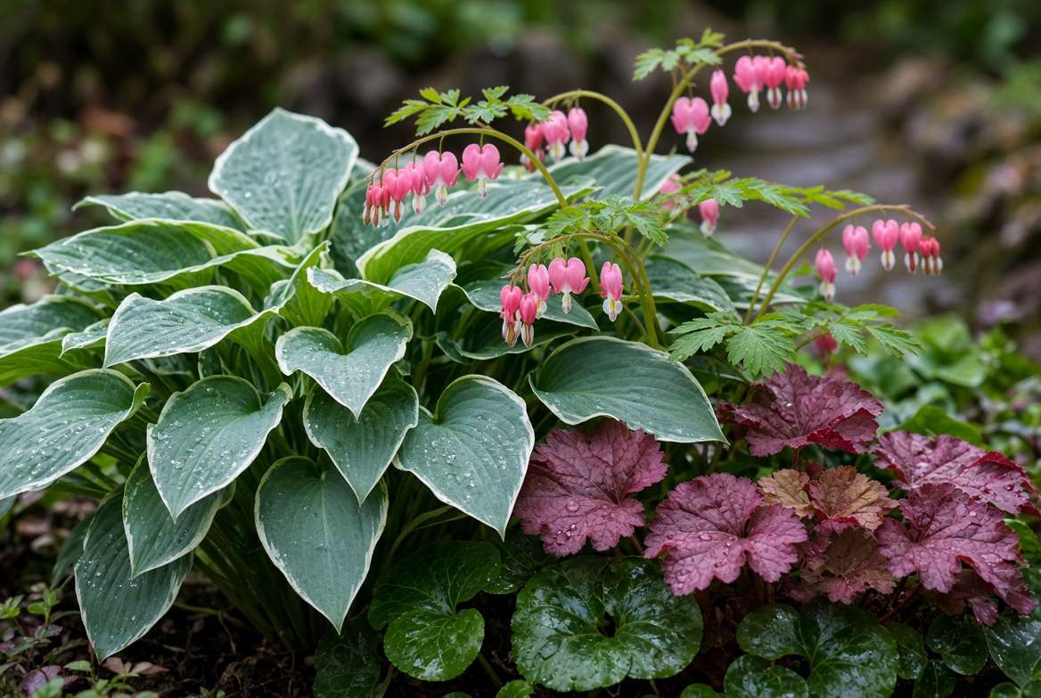 A cluster of thriving shade-tolerant plants including hostas and bleeding hearts under a tree.
