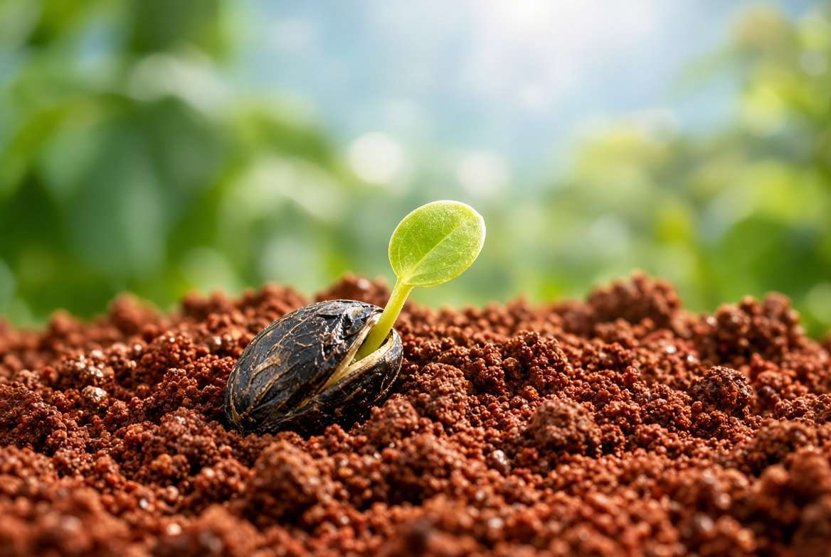 A macro photo of a watermelon seed with a new green shoot emerging from tropical soil, showing its biological need for warmth and moisture.
