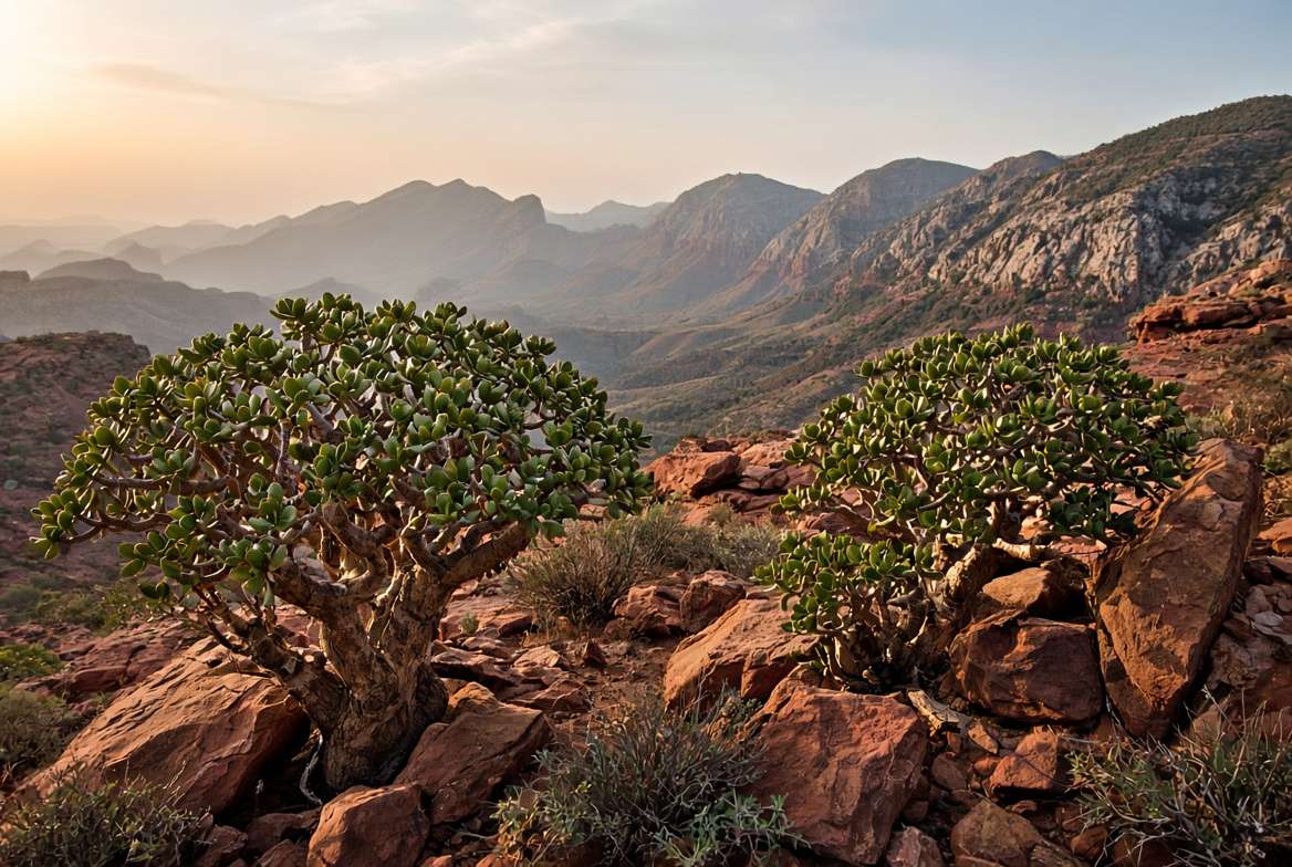 A landscape photograph of mature Jade plants growing wild on arid, rocky hills in South Africa.