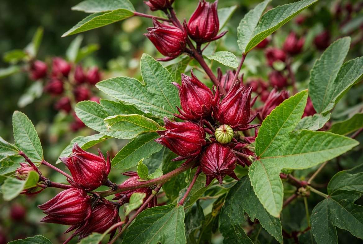 Clustered, vibrant red roselle plant calyces and lobed green leaves in sharp focus on a stem, ready for harvest.