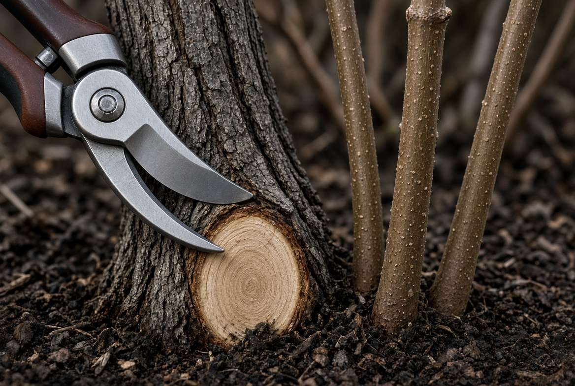 Detailed photograph showing sharp hand pruners cutting an old, grey elderberry cane at ground level to manage the bush.